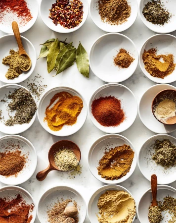 Overhead shot of spices and herbs arranged in white bowls on a white surface, creating a colorful and culinary-themed flat lay composition.