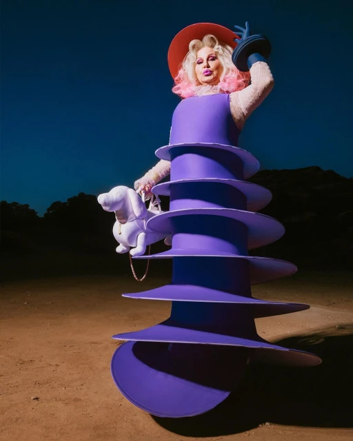 Performer in avant-garde spiral dress stands in desert landscape with handbag shaped like a dog on a clear day.