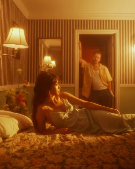 A woman in a light blue dress lies on a floral bed in a warm-toned room as a man stands in the background in a doorway.