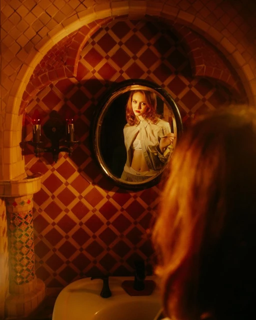 Reflection of a woman with red hair in an ornate bathroom mirror, featuring red and white tile walls and soft, diffused lighting.