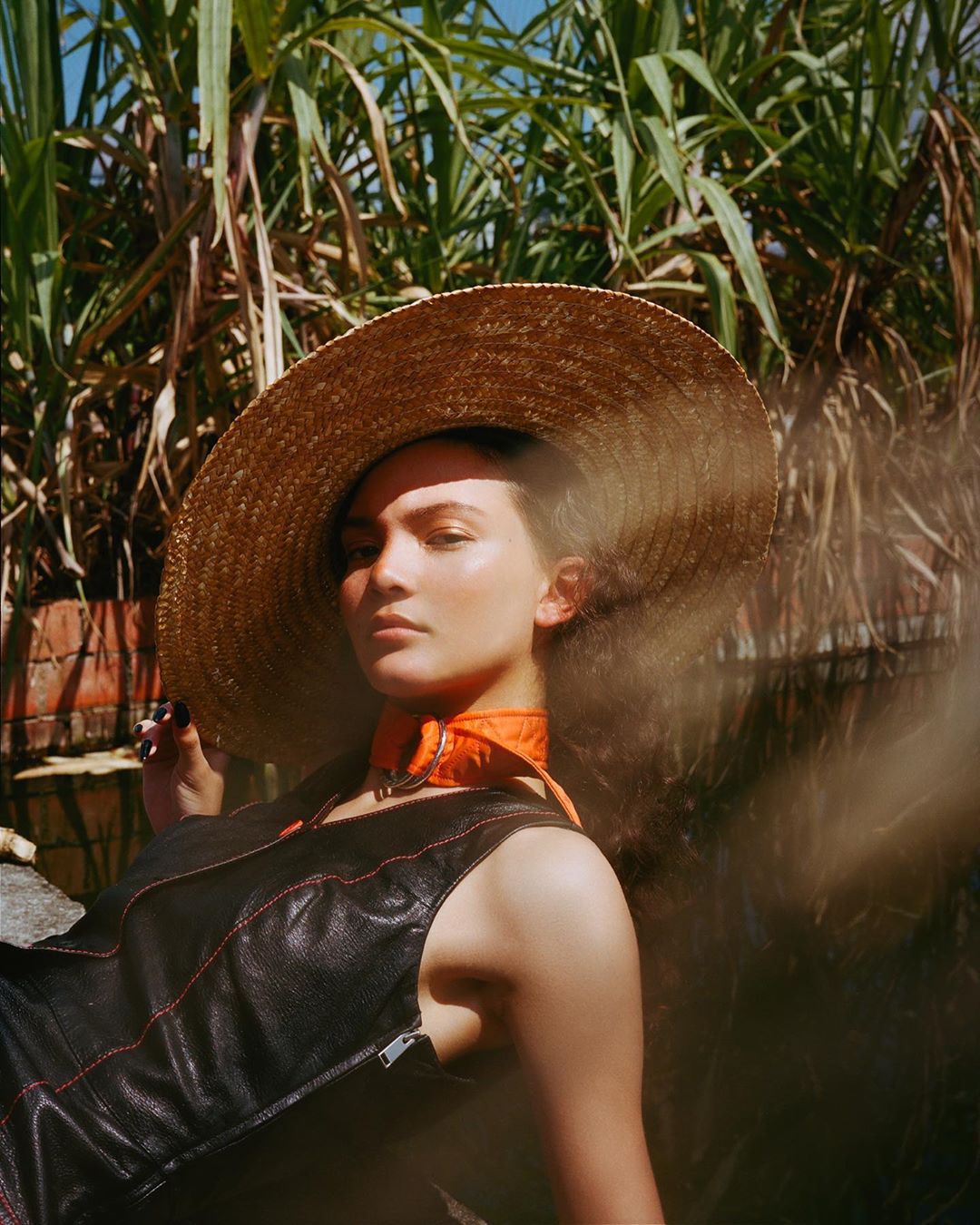A woman wearing a straw hat and a black dress with orange collar poses in front of sugarcane plants in outdoor lighting.