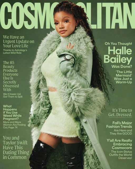 Cosmopolitan magazine cover featuring Halle Bailey in a green outfit, against a matching backdrop, promoting fall fashion trends.