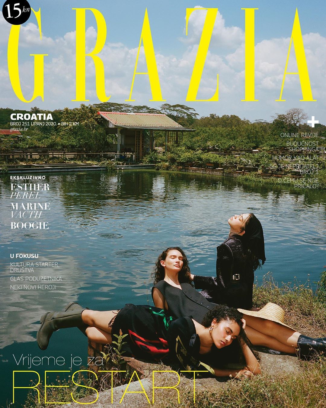Grazia Croatia magazine cover featuring three women in dresses, posing outdoors with a pond and traditional building in the background.