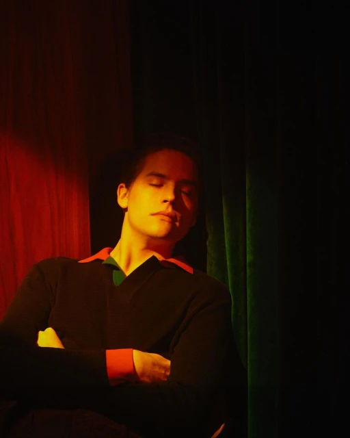 Portrait of a young adult male with closed eyes wearing a black V-neck sweater with orange and green accents against draped fabric.