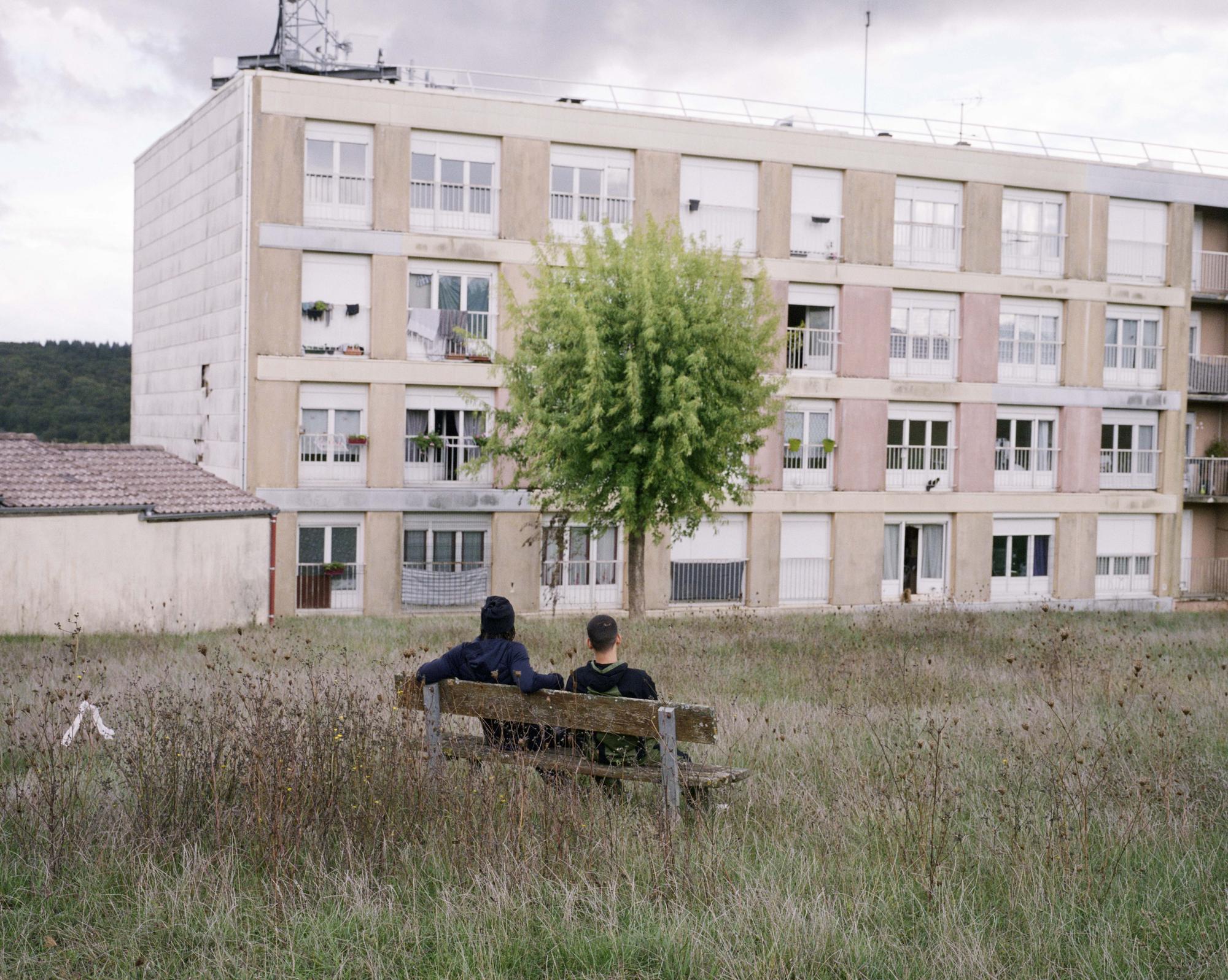 Two young men sit on a wooden park bench in a grassy field, looking at a large apartment building with a green tree in front of it.