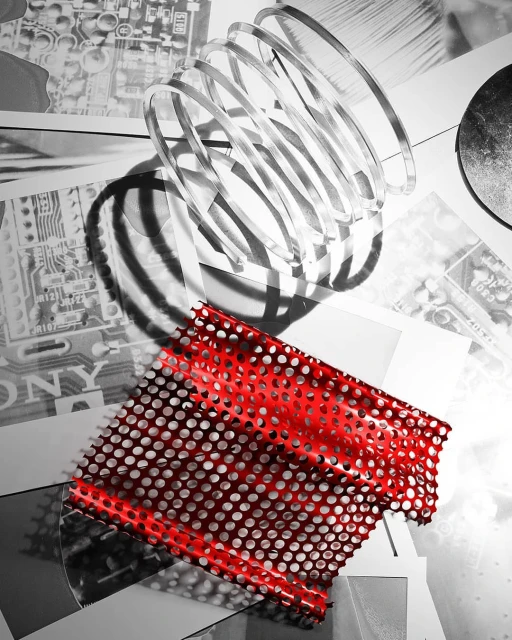 Close-up of a metallic spring and a red perforated grid against a backdrop of circuit board patterns and reflective surfaces.