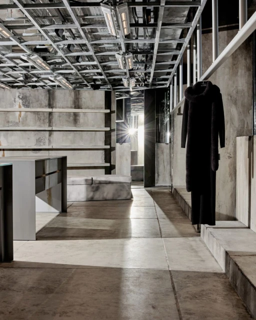 Interior of a modern store with a hooded coat hanging on a rack, concrete floors and walls, and metal ceiling framework with lights.