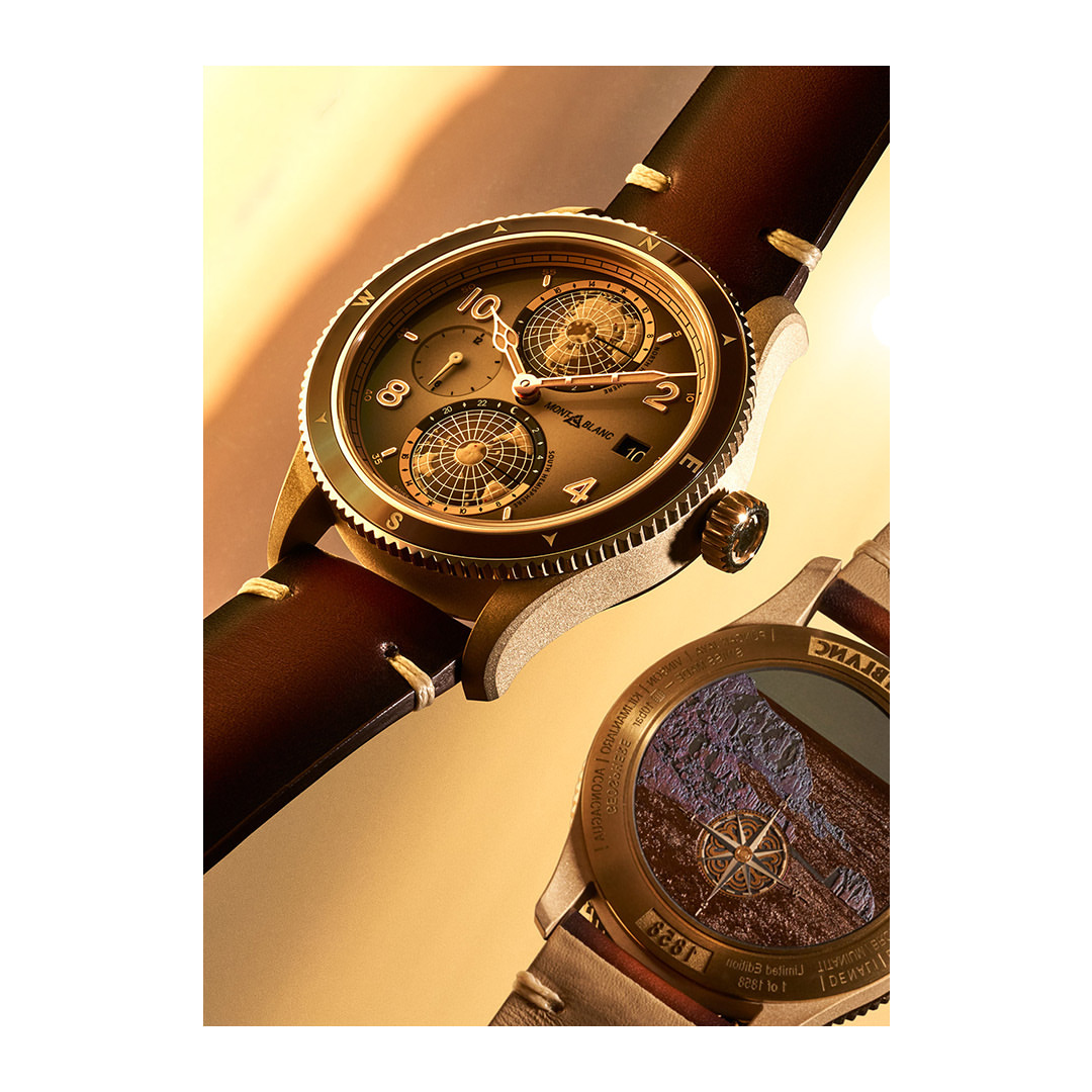 Two Montblanc watches are displayed against a soft yellow background, showcasing their detailed designs and elegant brown leather straps.
