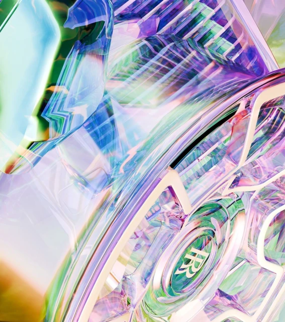Abstract CGI rendering of transparent iridescent forms with a Rolls Royce logo. Digital art with refractions and light flares.