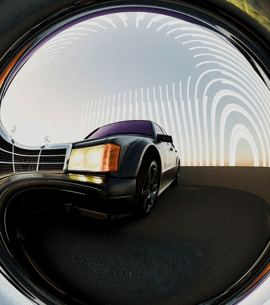 A black classic car with headlights on, showcased against a futuristic architectural background, viewed through a fisheye lens.
