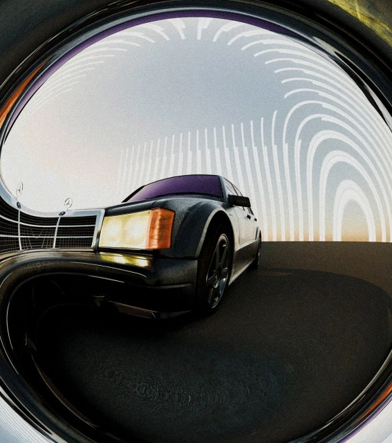 A black classic car with headlights on, showcased against a futuristic architectural background, viewed through a fisheye lens.