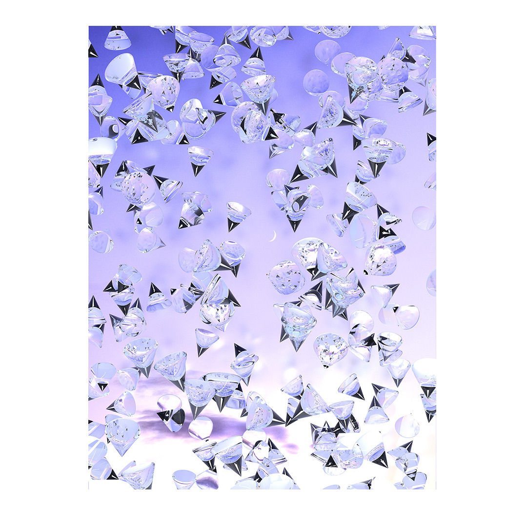 Abstract diamonds float in a lavender gradient background, creating a glittering, surreal aesthetic, perfect for luxury or design concepts.