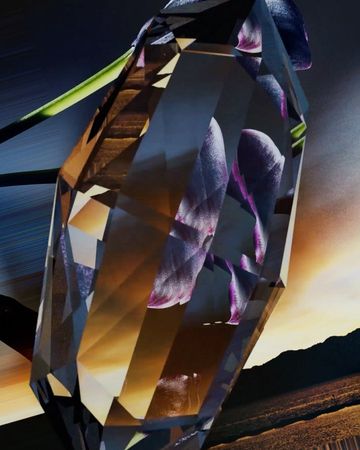 Abstract digital art featuring a reflective crystal structure reflecting a landscape, set against a backdrop of moody blues and earth tones.