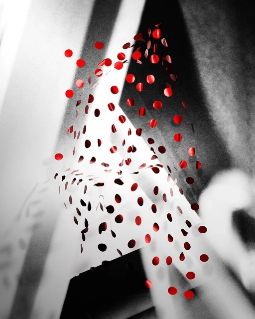 Abstract composition with falling red confetti against a monochrome geometric background. Red dots in dynamic motion.