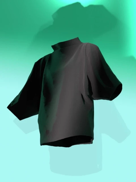Black blouse with mock neck and short sleeves floats against a graduated teal background. Studio lighting highlights the fabric.