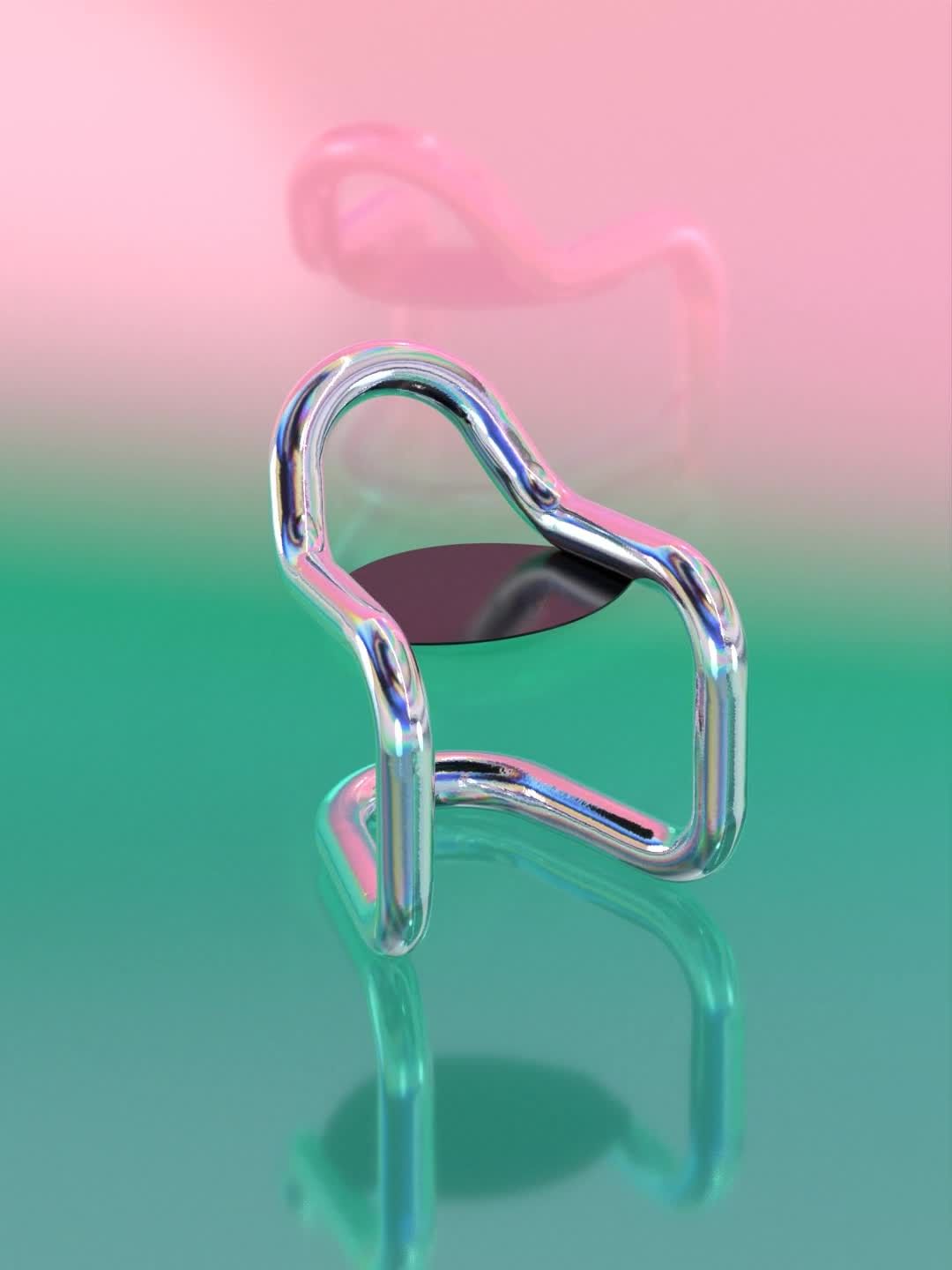 Chrome chair with a black seat reflects on a colorful surface against a pink and green background. Modern furniture design.