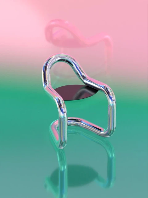 Chrome chair with a black seat reflects on a colorful surface against a pink and green background. Modern furniture design.