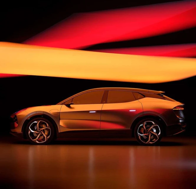 Sleek silver SUV parked indoors, featuring dynamic light trails in red and orange, emphasizing its modern design and illuminated silhouette.