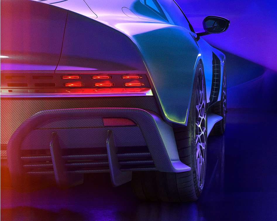Sleek modern sports car rear view with vibrant red taillights, dark carbon fiber elements, and striking blue and purple lighting.