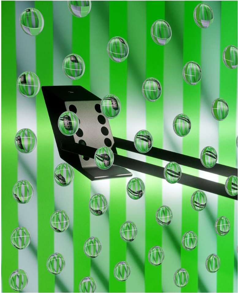Abstract composition featuring a black rack structure with spherical ornaments, set against a vibrant green and white striped backdrop.