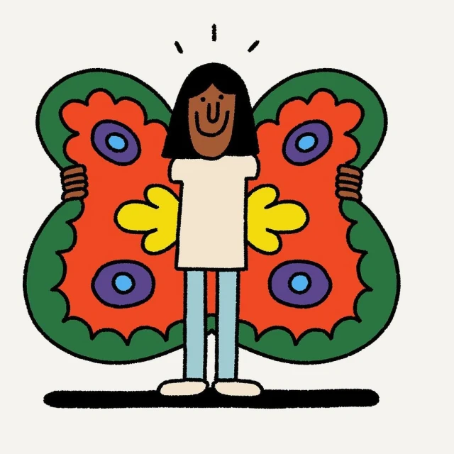 Illustration of a person with dark hair, wearing a white shirt and light blue pants, holding bright butterfly wings.