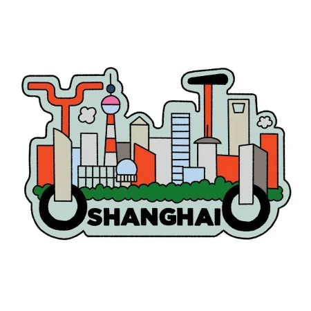 Stylized illustration of Shanghai's skyline incorporated into a bicycle design, featuring iconic buildings and vibrant colors.