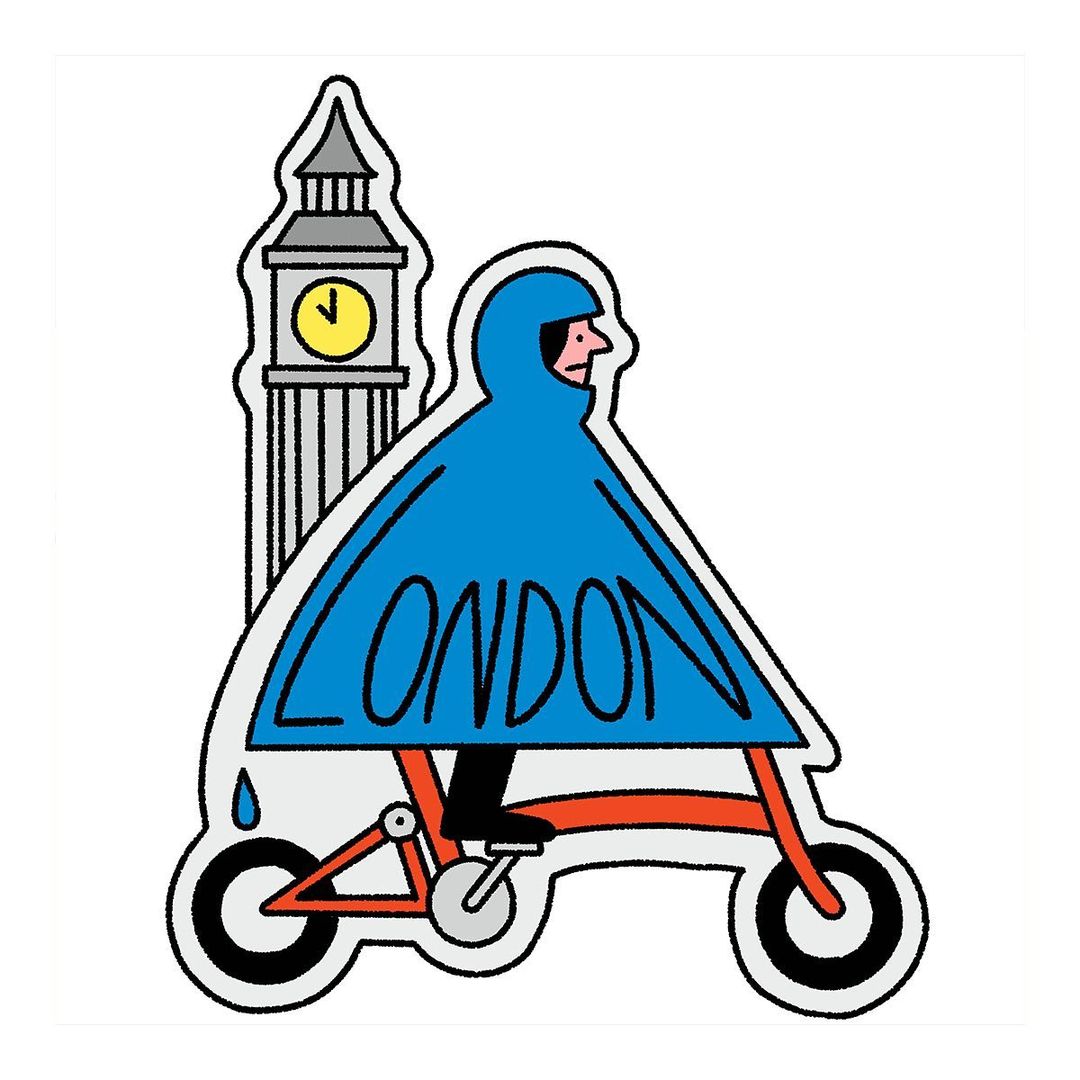 Illustration of a cyclist wearing a blue raincoat, riding a red bicycle, with Big Ben in the background on a white backdrop.