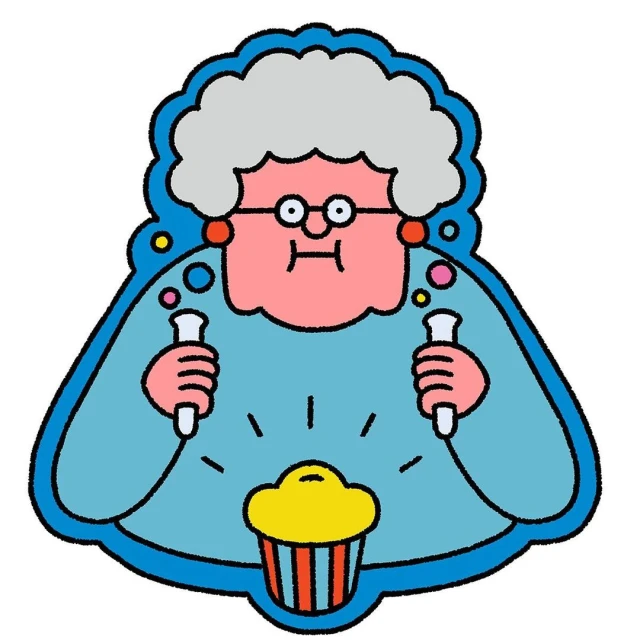 Illustration of an elderly cartoon woman with gray hair, wearing glasses, holding test tubes and a cupcake, set against a white backdrop.