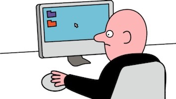 Animation still of a bald man seated at a computer with folders on the screen, mouse cursor, and simple black and white background.