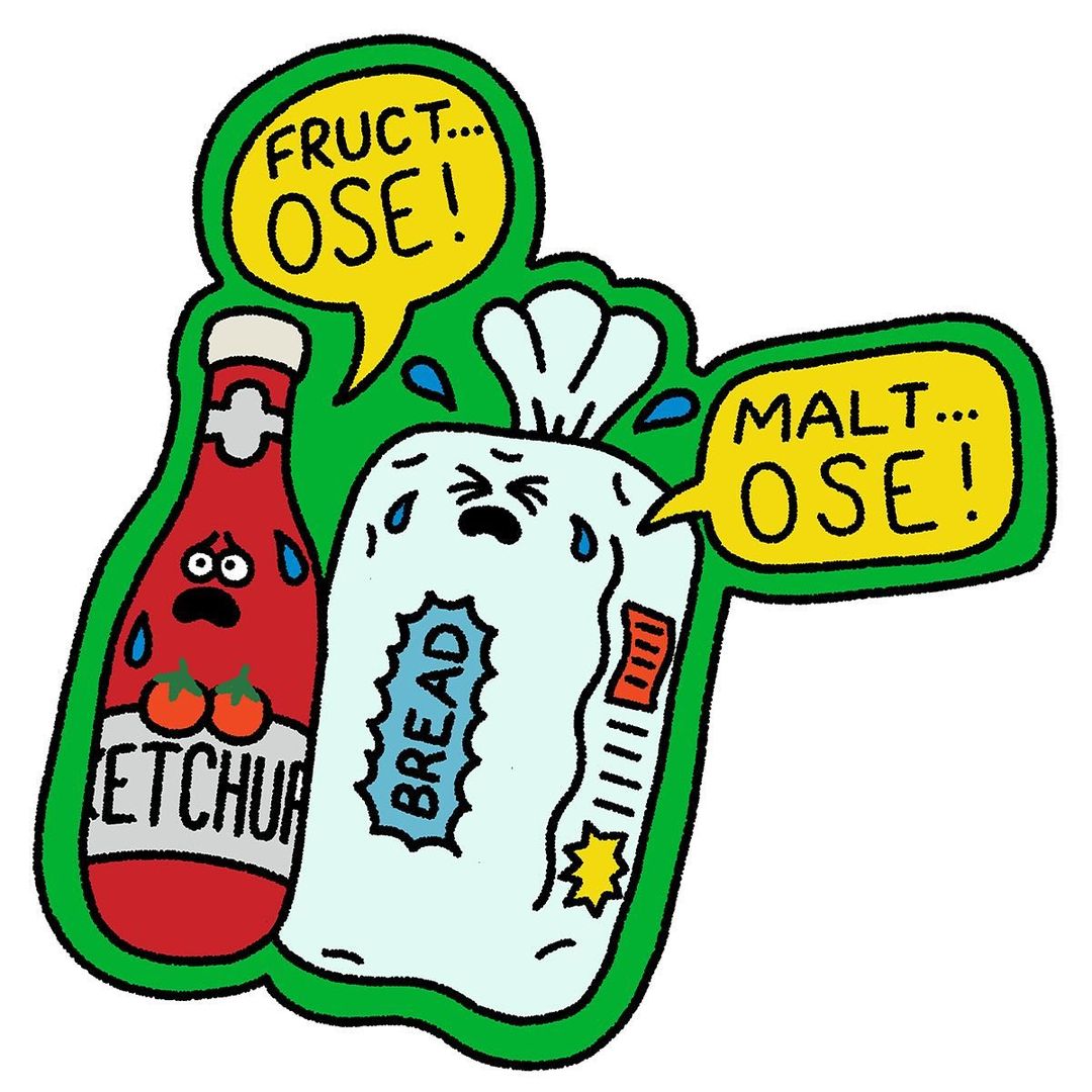 Cartoon graphic illustration of a loaf of bread and bottle of ketchup with faces, set against a vibrant green backdrop.