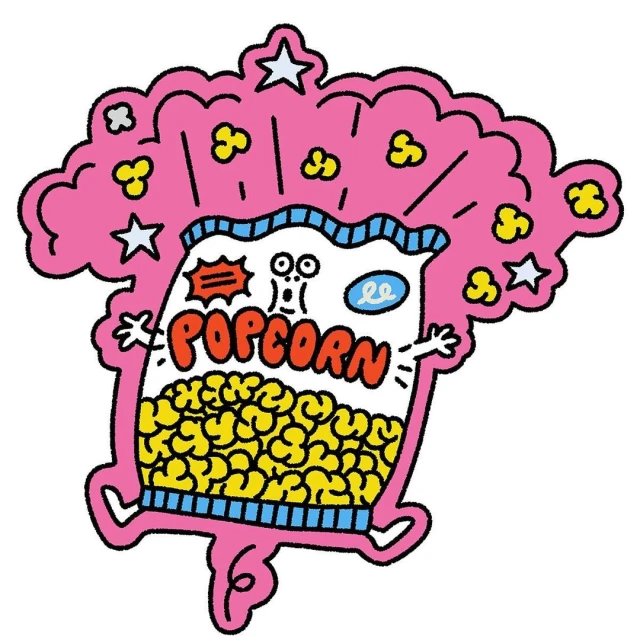 Illustration of a cheerful popcorn bag character with arms and legs, surrounded by pink and white cartoon elements.