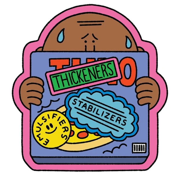 Whimsical cartoon illustration of an anxious person holding a processed food package with ingredients like thickeners and stabilizers.