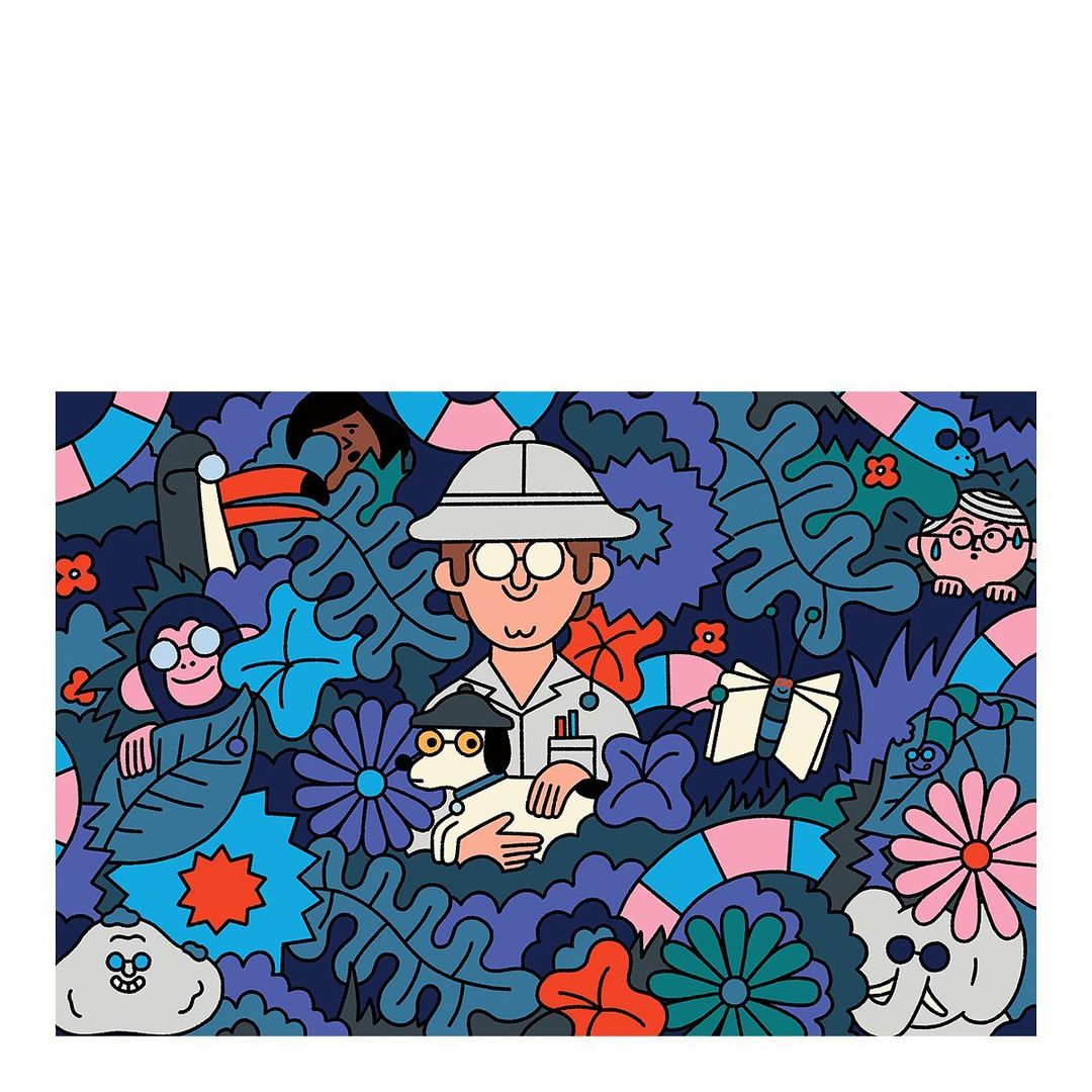 Illustration of a man holding a dog, surrounded by plants and animals in a jungle-like setting, rendered in a cartoon style.