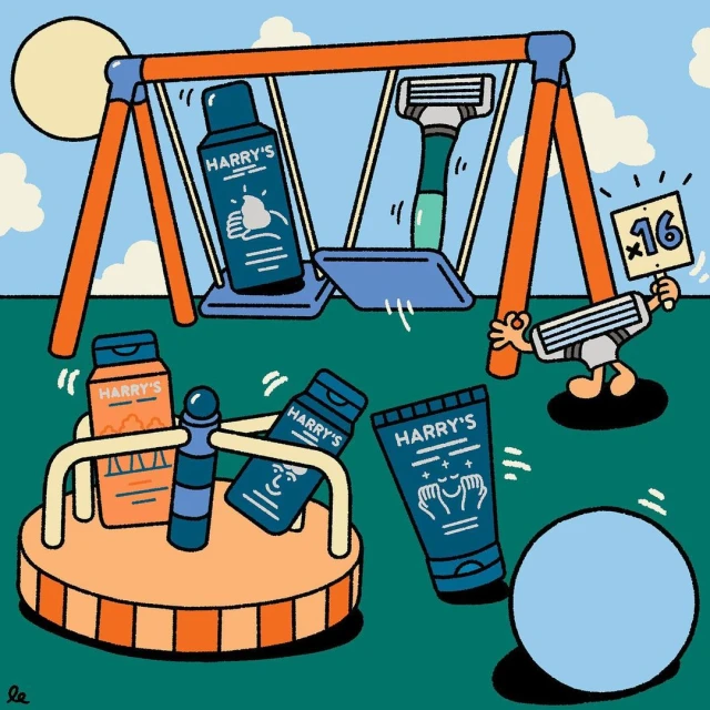 Whimsical illustration of Harry's brand grooming products on playground equipment, featuring razors, shaving gel, and face wash.