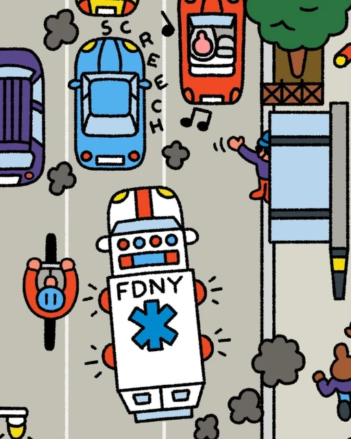 Cartoon illustration of various vehicles on a city street, including a blue car, a red car, and an ambulance.
