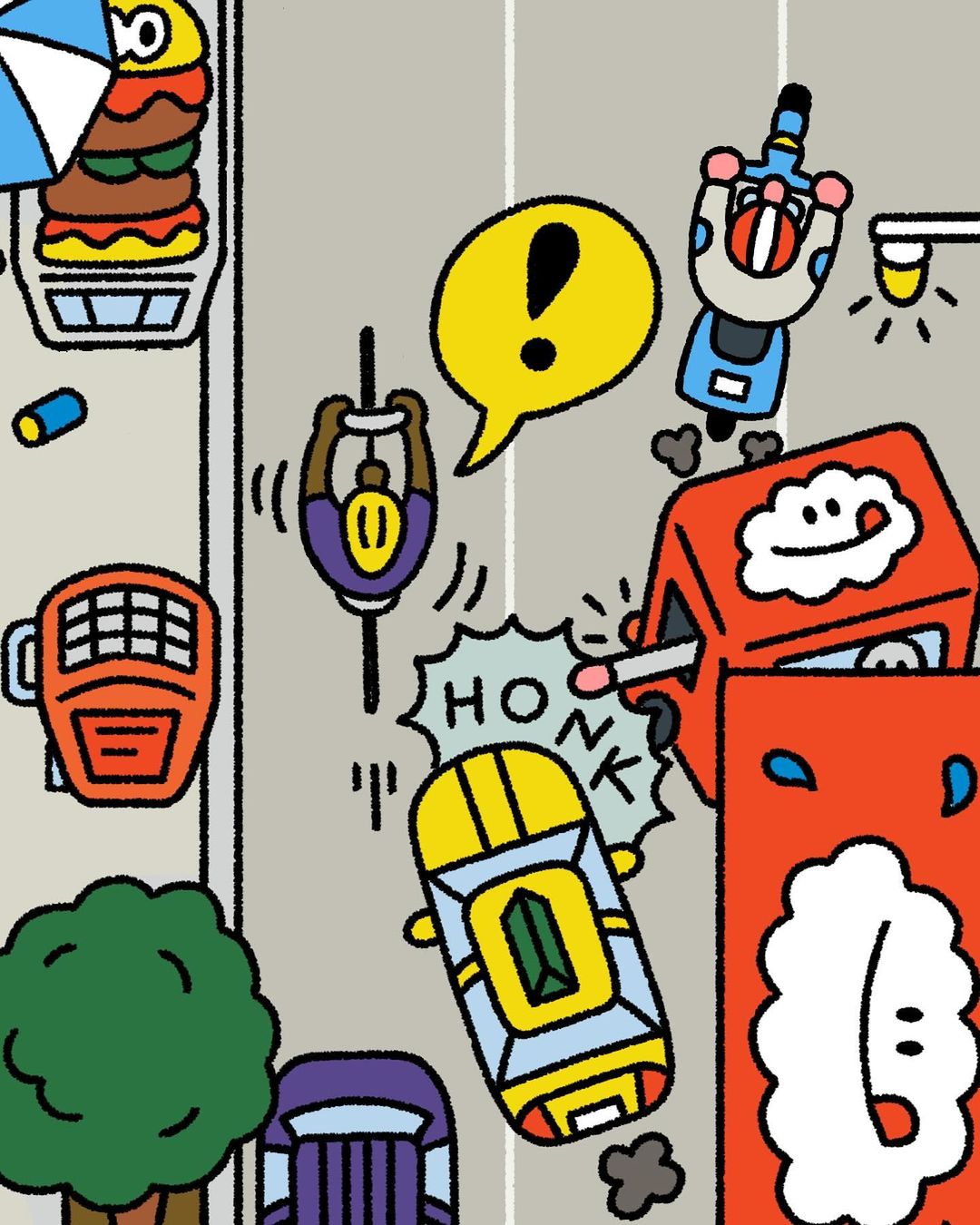 Cartoon style illustration of city street with burger stand, cars, street light, tree, and speech bubble with exclamation point.