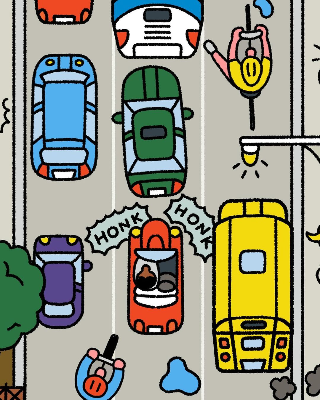 Cartoon illustration of several colorful cars stuck in a traffic jam on an urban street, with one person riding a bicycle nearby.