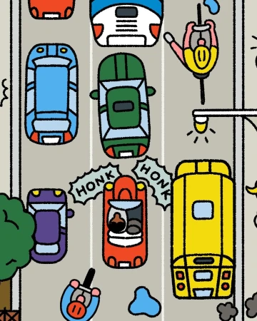 Cartoon illustration of several colorful cars stuck in a traffic jam on an urban street, with one person riding a bicycle nearby.