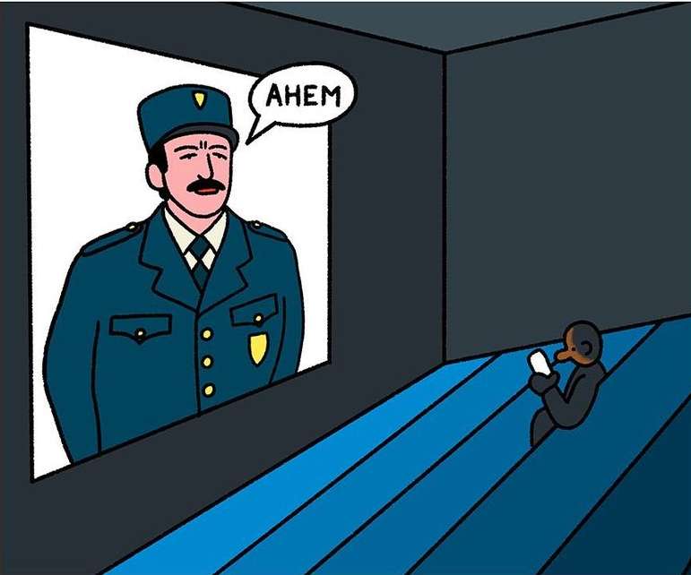 Illustration of a guard in uniform framed in a window, looking down at a person on a blue surface holding a bright phone.