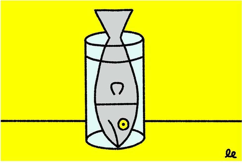 Illustration of a gray fish inside a clear glass of water against a bright yellow background; simple cartoon style and minimalist composition.
