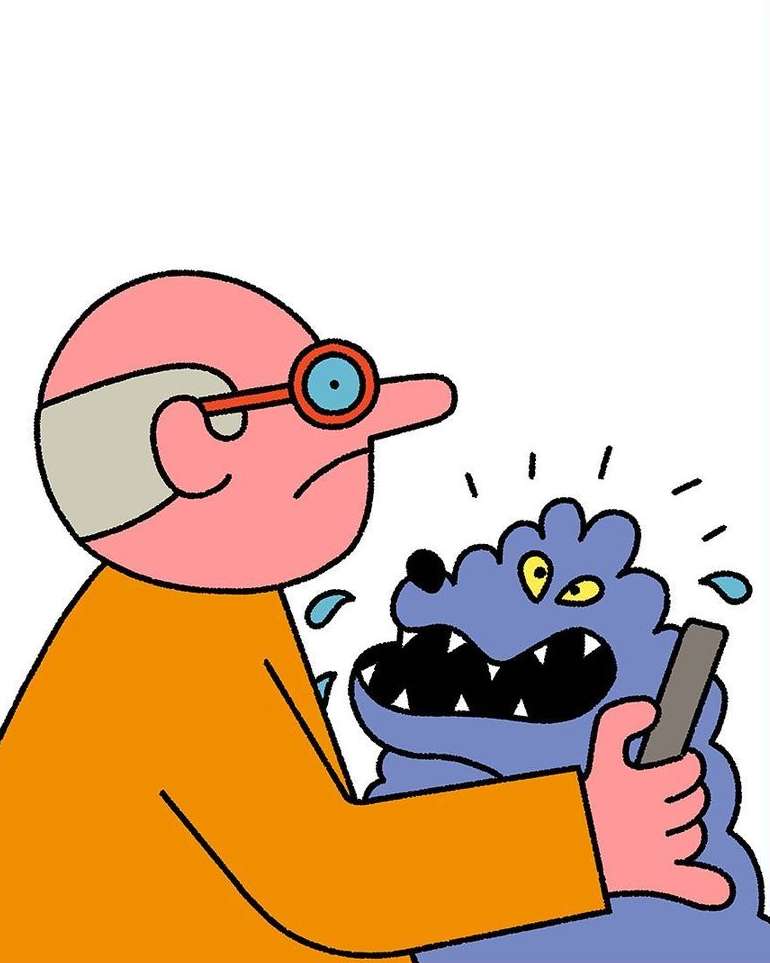Illustration of a cartoon adult male holding a smartphone as a cartoon dog growls at it, bright colors, outline drawing on white.