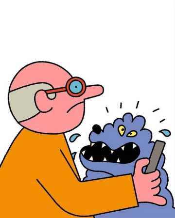 Illustration of a cartoon adult male holding a smartphone as a cartoon dog growls at it, bright colors, outline drawing on white.