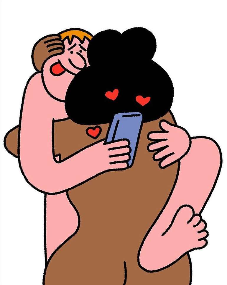 Illustration of a couple embracing and looking at a smartphone, stylized design on a white background. Cartoon style figures.