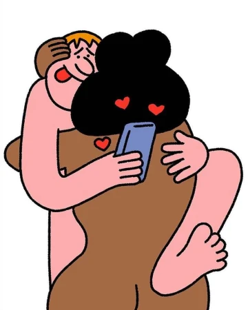 Illustration of a couple embracing and looking at a smartphone, stylized design on a white background. Cartoon style figures.
