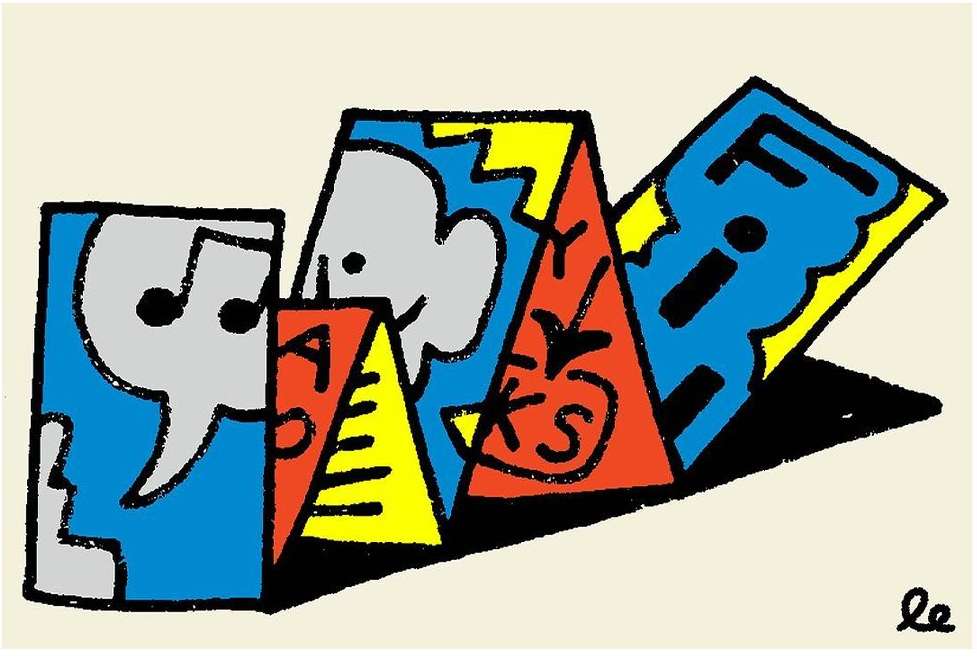 Whimsical illustration features colorful geometric shapes in a row resembling origami, with abstract faces and lettering on a beige background.