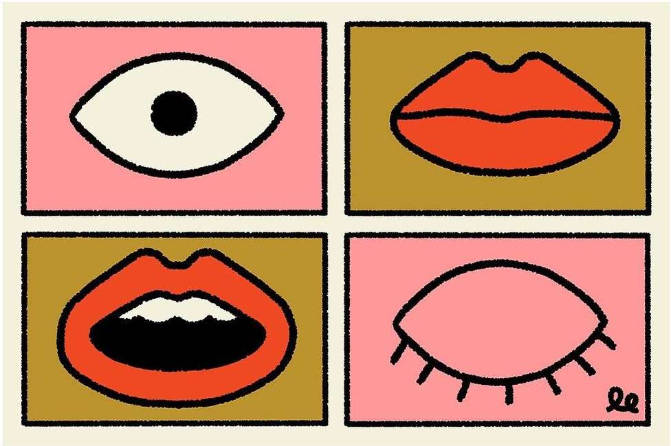 Illustration of a minimalist composition featuring four framed facial elements: an eye, closed eye, open lips, and closed lips on a neutral background.