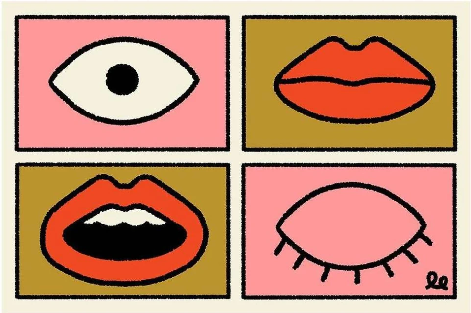 Illustration of a minimalist composition featuring four framed facial elements: an eye, closed eye, open lips, and closed lips on a neutral background.