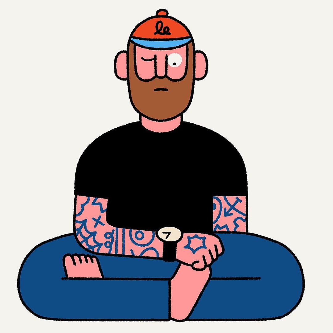 Illustration of a person with a beard and a red baseball cap sitting cross-legged in a meditative pose against a plain background.