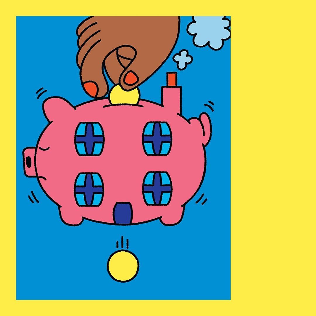 Illustration of a hand dropping a gold coin into a pink piggy bank house against a blue background, financial savings and property themes.