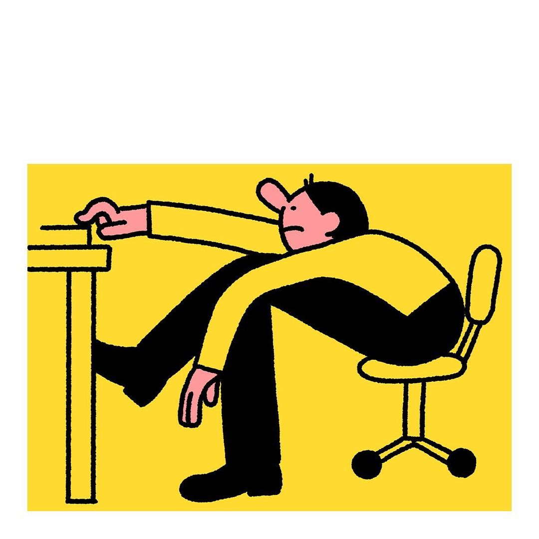 Cartoon illustration of a man slumped in an office chair with foot on a desk, wearing a yellow shirt and black pants against yellow background.